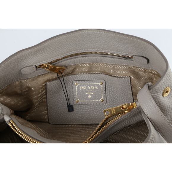 PRADA Vitello Daino Tote Taupe Gray Pebbled Grained Leather Shoulder Strap Bag - Picture 14 of 16